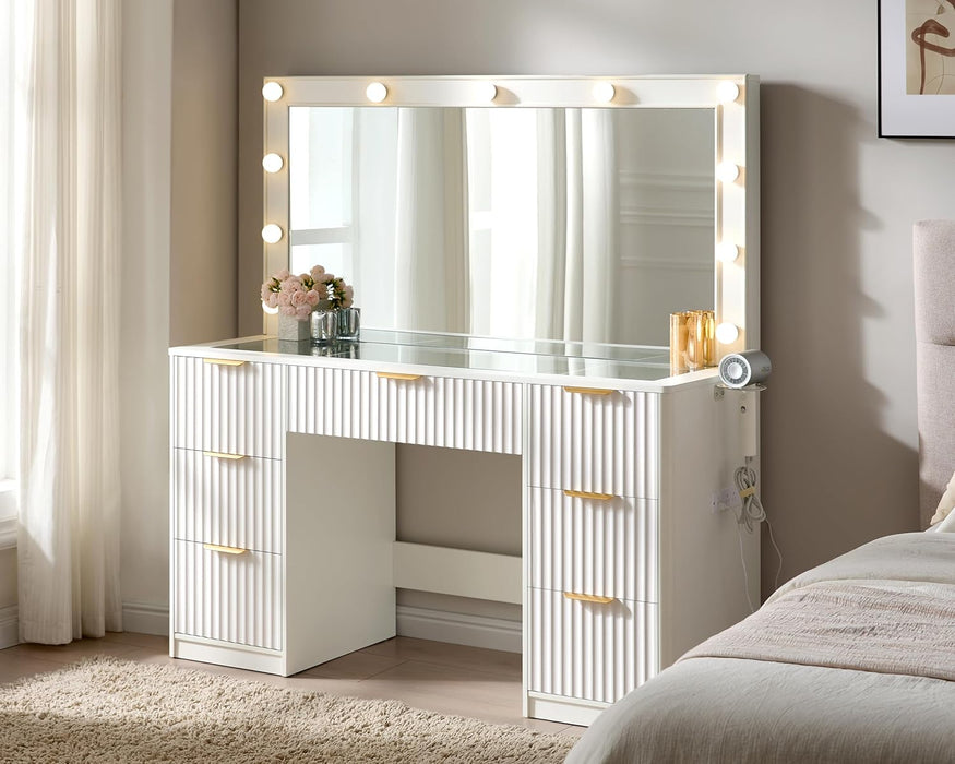 47.2" Fluted Vanity Desk with Large Mirror and Adjustable LED Lights, 7 Drawers Makeup Table with Glass Top and Charging Station for Women and Girls, Bedroom or Dorm, White