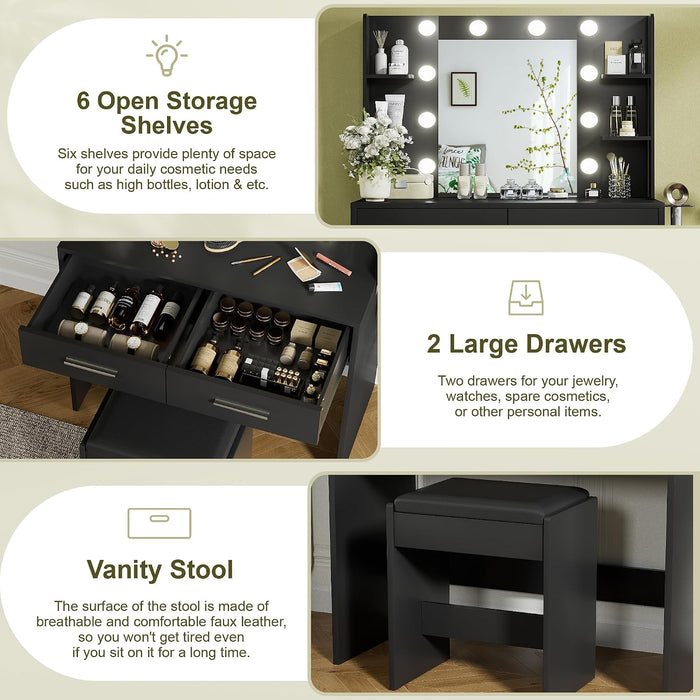 Vanity Desk With Extended Mirror Black PowerOutlet