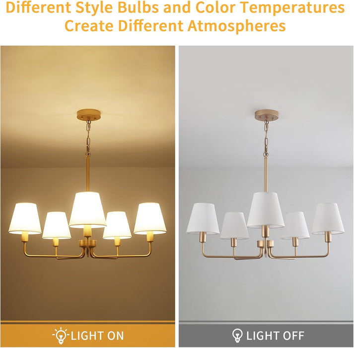 5-Light Brass Gold Dining Room Light Fixture with White Fabric Shade, 29.52In Farmhouse Chandelier Modern Antique Linear Pendant Island Light Fixture for Bedroom Foyer Cottage Kitchen over Table