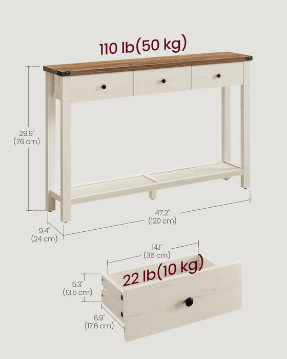LIRY Collection - Console Table with 3 Drawers and Open Storage Shelf, Narrow Entryway Sofa Table for Living Room, Farmhouse Style, Metal Corners, Honey Brown and Rustic White ULNT142WJ02S