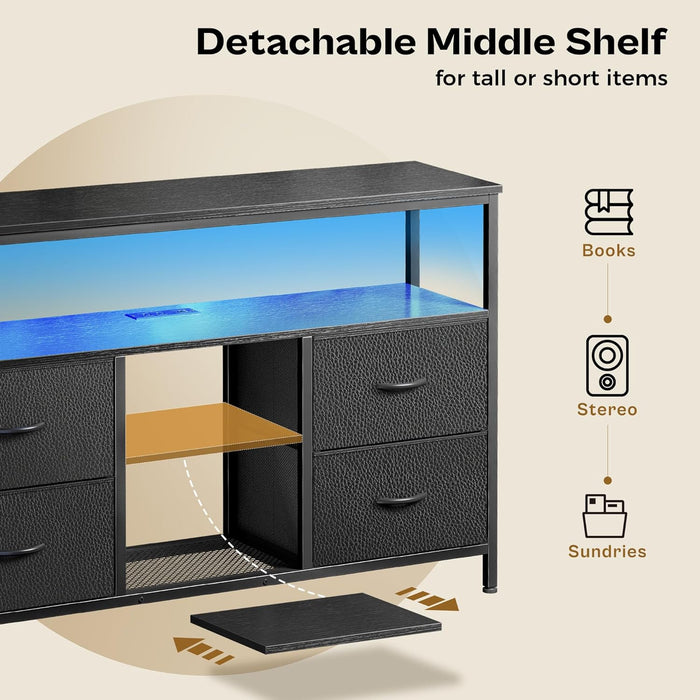 47 Inch TV Stand Dresser with Power Outlets and LED Lights, Fabric Dresser for Bedroom with Storage, 4 Drawers Entertainment Center with Open Shelf, Media Console for 55 50 Inch TV, Black