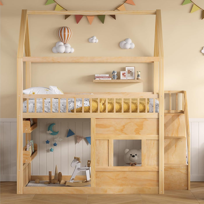 Full Size Natural Wooden House Bed With LED Lights