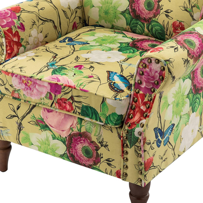 Modern Wingback Accent Chair with Wood Legs & Removable Cushion, Comfy Upholstered Armchair with Nailhead Trim, Floral Pattern Single Sofa Chair for Living Room Bedroom, Mustard