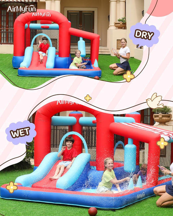 Inflatable Bounce House with Slide, Jumping Castle with Blower,Children Outdoor Playhouse with Jumping Ball Pit&Basketball Hoop&Target Balls