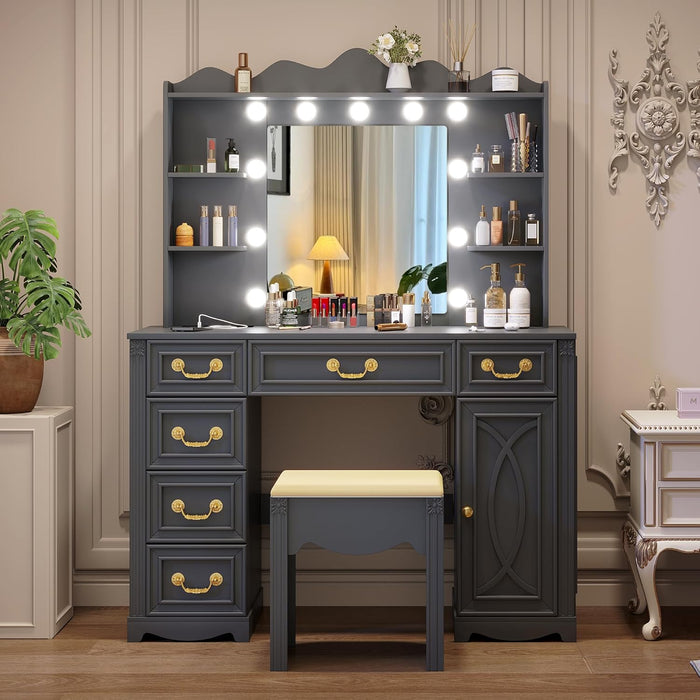 Vanity Desk with Large Mirror and Lights, 43.3" Makeup Vanity Desk with Charging Station and 6 Drawers, Makeup Dressing Table with Storage Stool for Bedroom (Grey)