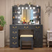 Vanity Desk with Large Mirror and Lights, 43.3" Makeup Vanity Desk with Charging Station and 6 Drawers, Makeup Dressing Table with Storage Stool for Bedroom (Grey)