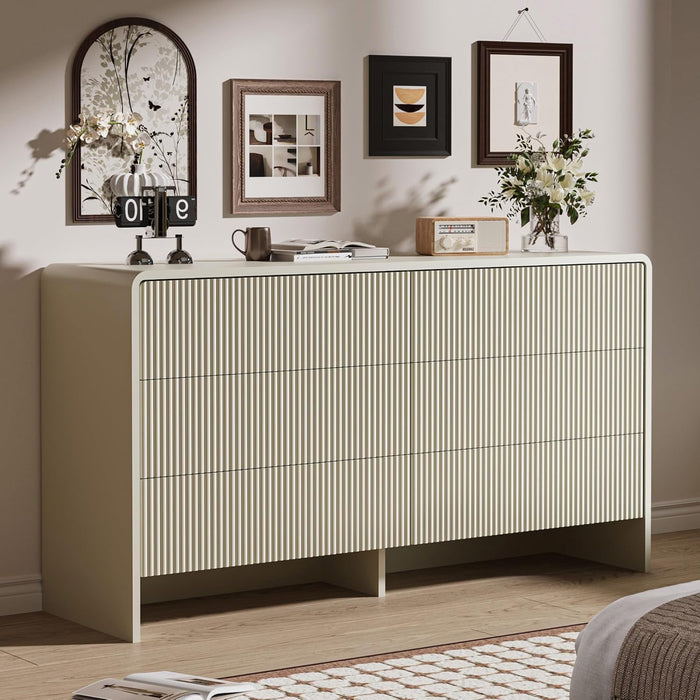 55" Wide Modern Curved 6 Drawer Dresser，Beige