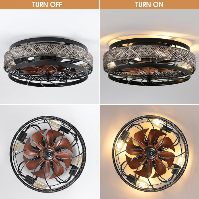 18" Low Profile Caged Ceiling Fans with Lights and Remote, Flush Mount Ceiling Fan with Light, Bedroom Fan, Small Industrial Black Ceiling Light Fixture, Reversible(Bulbs Not Included)