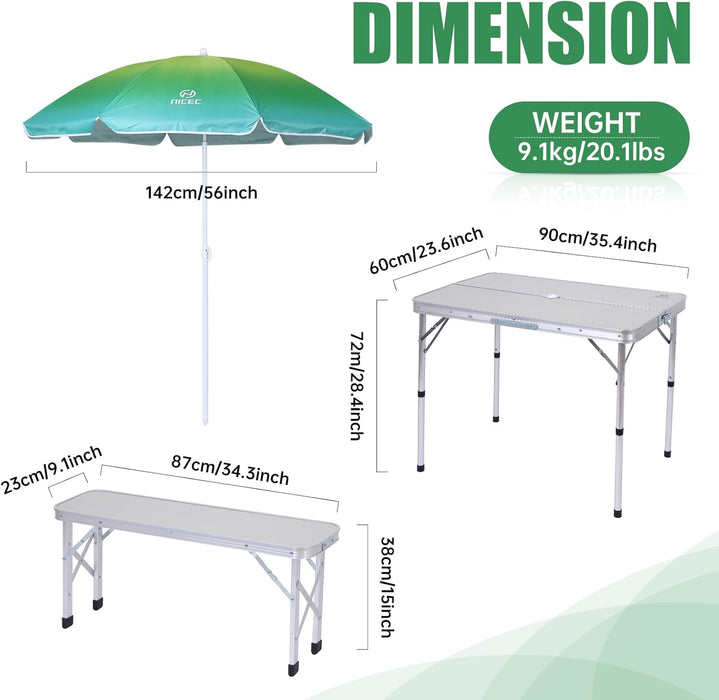 Picnic Table, Folding Picnic Table and Umbrella, Camping Table with 2 Benches and Umbrella, Mesh Net for Backyard, Party, Outdoor, Patio, Lawn