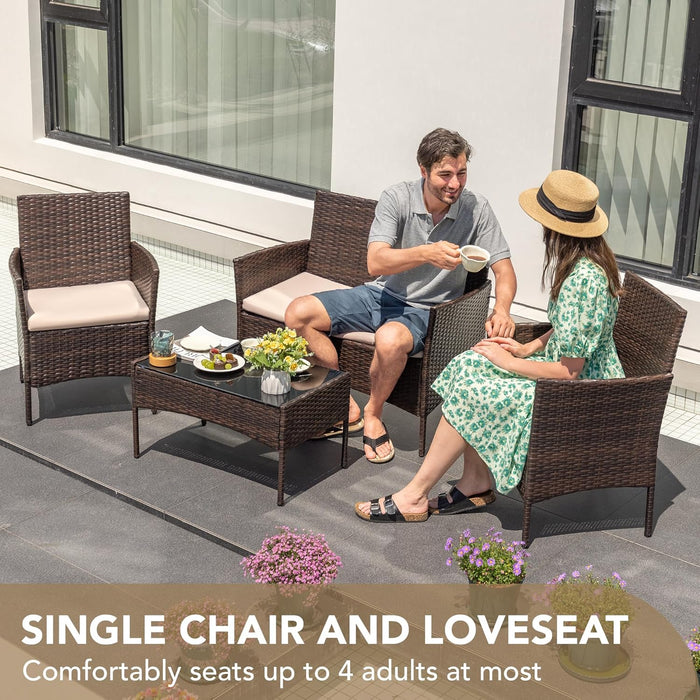 4 Pieces Outdoor Patio Furniture Set, PE Rattan Wicker Chairs Balcony Lawn Porch Patio Furniture Sets with Beige Cushion and Table (Brown)