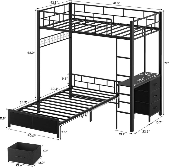 Black Twin Over Twin Bunk Bed WithDeskChargingStation