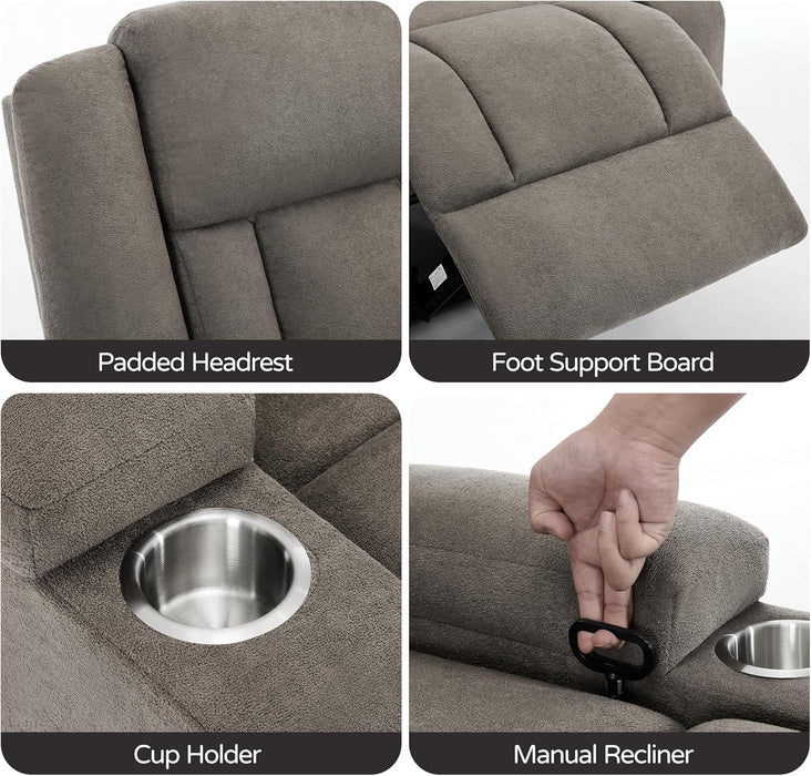 Recliner Loveseat Sofa with Cup Holders, 2-Seater Fabric Reclining Couch, Manual Recliner Wall Hugger for Living Room, Small Spaces, Home Theater (Light Brown)