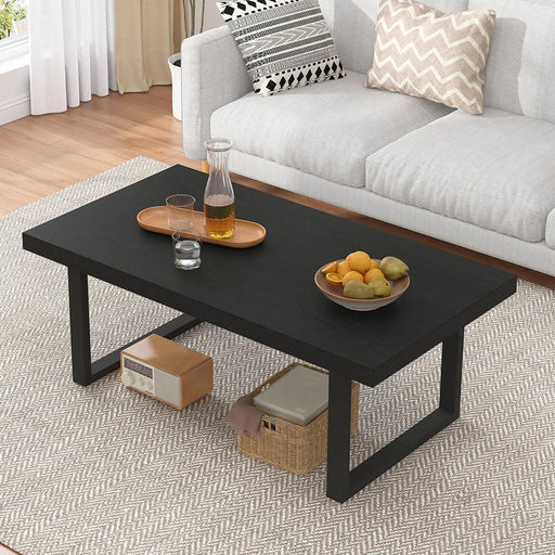 Black Coffee Table, Minimalist Industrial Wooden Center Table, Modern Simple Rectangle Living Room Table, Farmhouse Wood and Metal Cocktail Coffee Table for Home Bedroom Office, Black Oak, 39 Inch