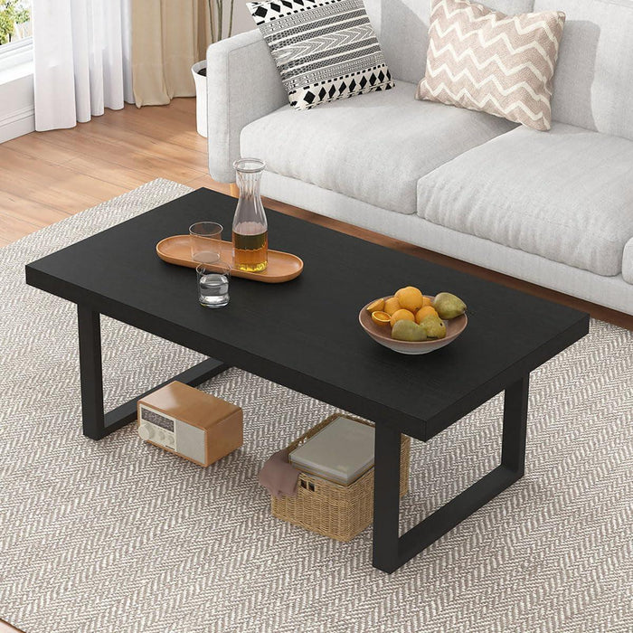 Black Coffee Table, Minimalist Industrial Wooden Center Table, Modern Simple Rectangle Living Room Table, Farmhouse Wood and Metal Cocktail Coffee Table for Home Bedroom Office, Black Oak, 39 Inch