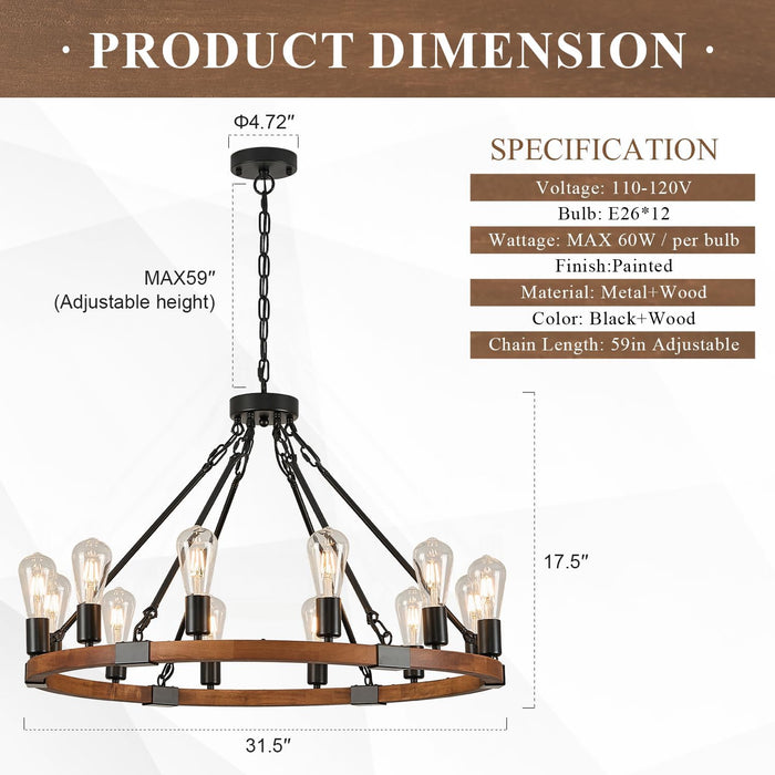 Farmhouse Wood Wagon Wheel Chandelier 12-Light 31.5" Light Fixture