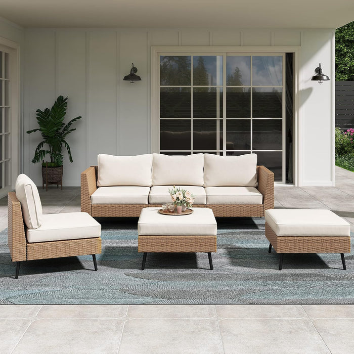 Outdoor Patio Furniture, 6 Piece Outdoor Sectional Sofa PE Rattan Wicker Patio Conversation Sets, All Weather Patio Furniture Set with Thick Cushions for Garden, Backyard(Beige)