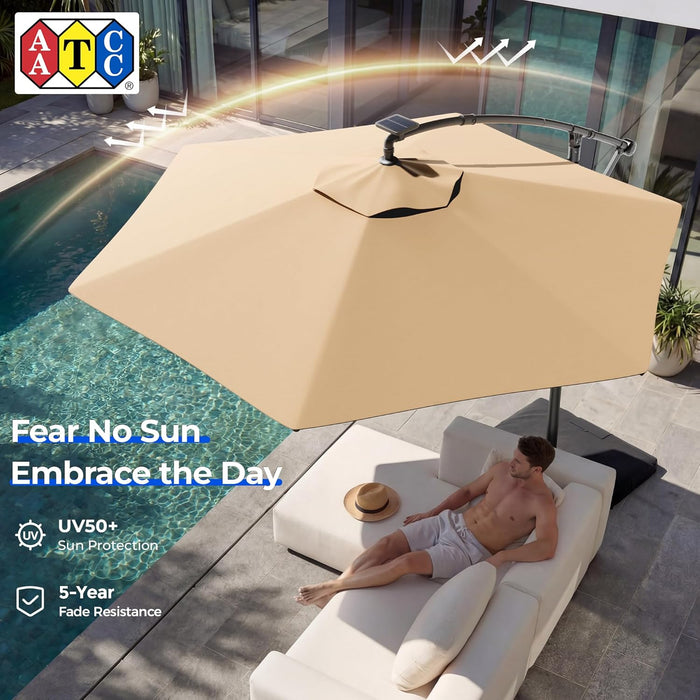 10FT Solar Offset Patio Umbrella with Base Included, 5-Year Fade-Resistant Canopy, 45° Easy Tilt Crank, 30MPH Wind-Resistant, Cantilever Hanging Umbrellas for Pool, Deck, Patio (Beige)