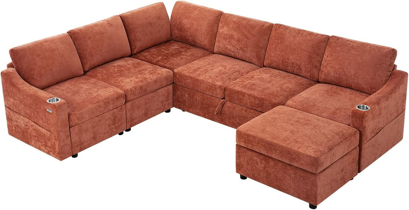 116Inch Orange ChenilleFabric Modular Sleeper Sofa USB