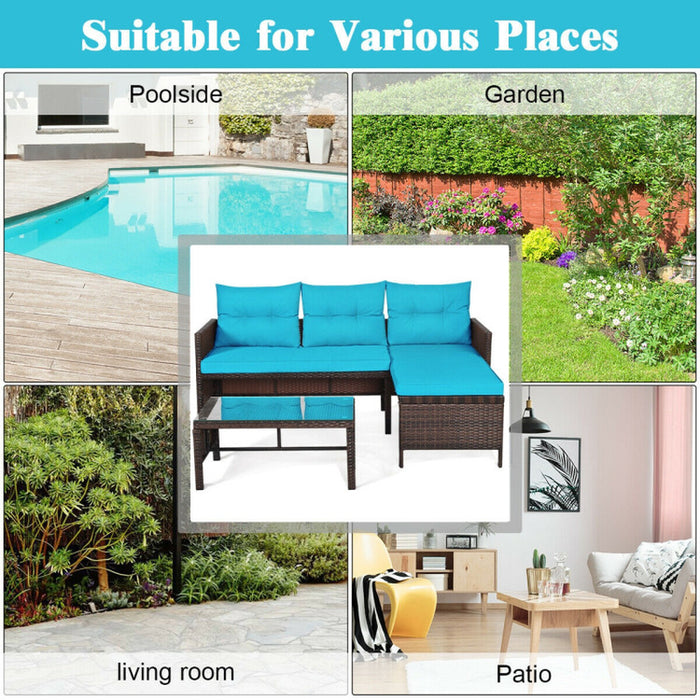 3 Pieces Outdoor Patio Corner Rattan Sofa Set