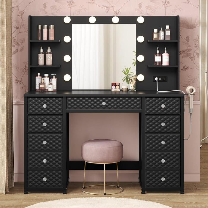 Black Vanity Desk with Mirror and Lights, 11 Drawers, 43.3", Power Strip | Vanities with Storage, 6 Open Shelves, Makeup Dressing Table with 3 Color Modes, Bedroom, Women, Girls, Small Space