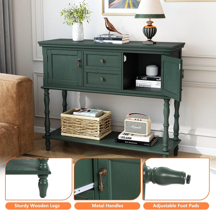 Console Table with 2 Drawers, Retro Entryway Table with 2 Door Cabinets and Open Storage Shelf, Narrow Long behind Couch Sofa Table for Living Room, Foyer, Hallway, Green