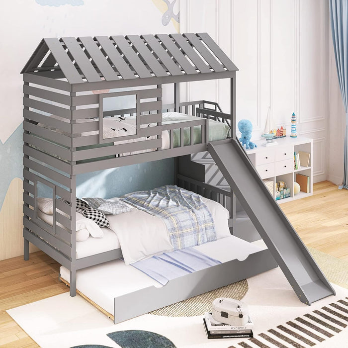 Twin over Twin House Bunk Bed, Wooden Bed Frame with Trundle and Slide, Storage Staircase, Roof and Window Design, Gray