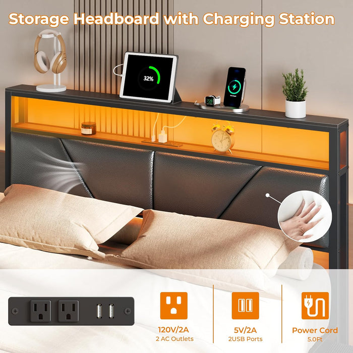 Queen Bed Frame with Storage Headboard, 6 Drawers, LED & Charging