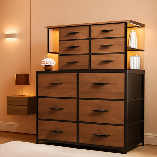 Dresser for Bedroom with LED Lights, 12 Drawers Bedroom Dresser, Dresser and Tall Dresser with Open Shelves, Fabric Dressers & Chests of Drawers with Sturdy Metal Frame, Rustic Brown