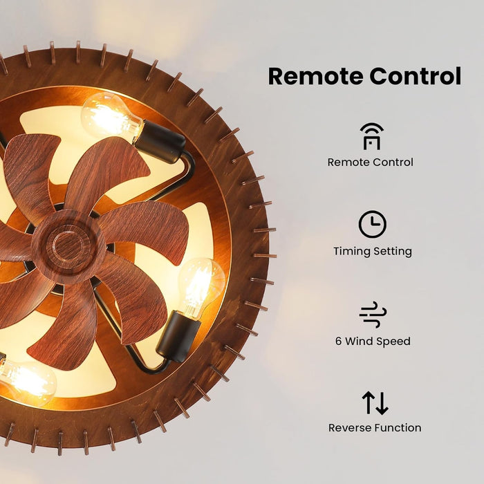 20'' Flush Mount Caged Ceiling Fan with Light, Wooden Low Profile Ceiling Fan with Light and Remote, 6 Speed and Reversible, Farmhouse Bladeless Fan Lights for Bedroom, Kitchen