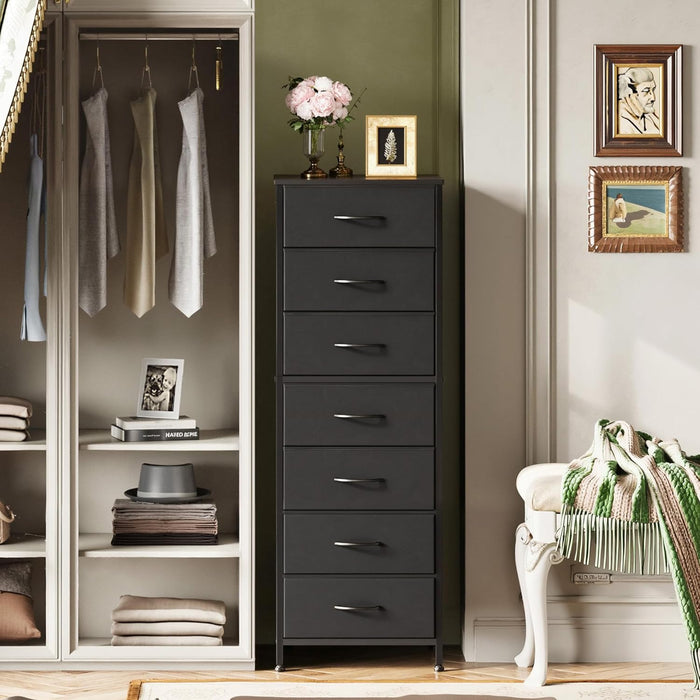 Black Tall Dresser for Bedroom, 7 Drawer Dressers & Chests of Drawers, Fabric Dresser for Closet, Living Room, Night Stand with Metal Frame, Storage Tower with Fabric Bins, Wood Top
