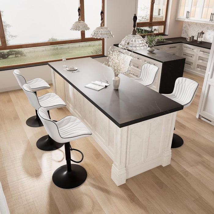 White Bar Stools Set of 2 Modern Kitchen Counter Height Bar Chair with Back Swivel Adjustable Faux Leather Upholstered Barstools for Breakfast Island Tall 300LBS