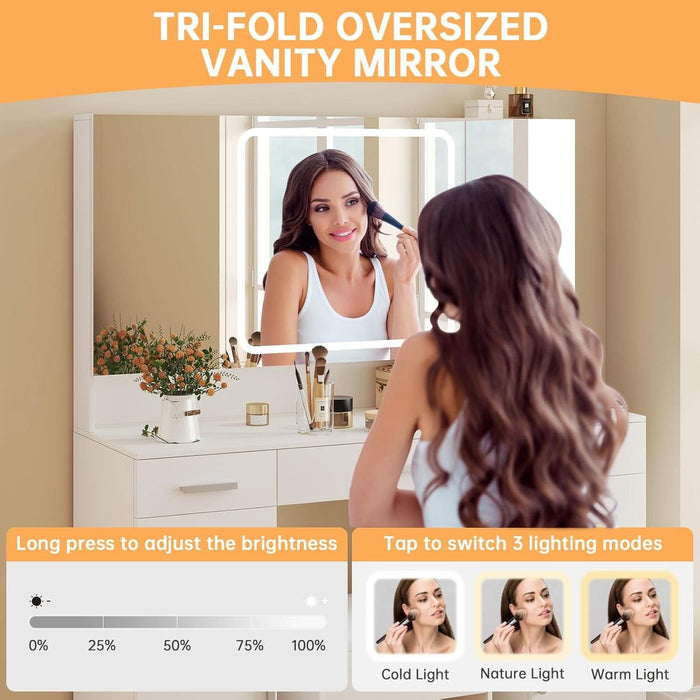 Vanity Desk with Mirror and Lights, Vanity Tables with 9 Drawers, Makeup Vanity with Tri-Folding 3 Colors Lighting Mirror and Cushioned Stool, Big Vanities Perfect for Bedroom, White