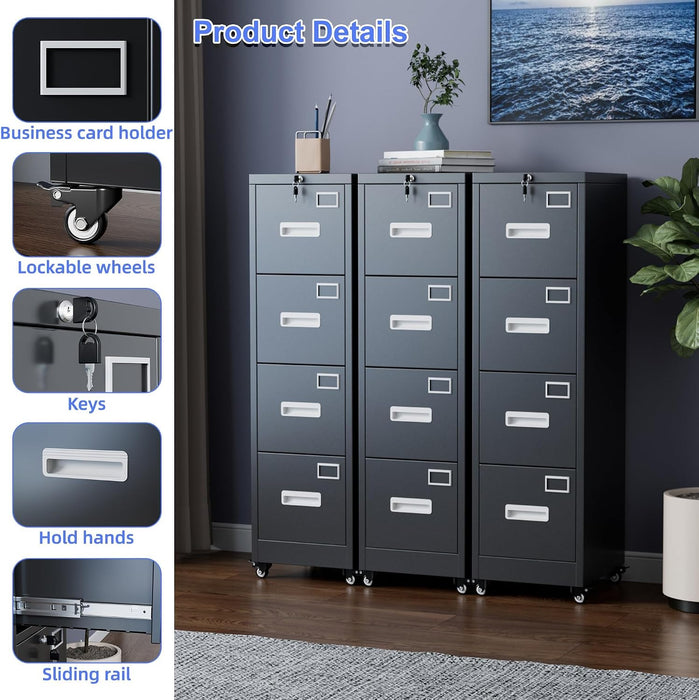 4 Drawer Metal File Cabinet with Lock, Mobile Heavy Duty Steel Filing Cabinet with Full Extension Rails, for Office Workspaces, Letter Legal Size, Black, Assembly Required