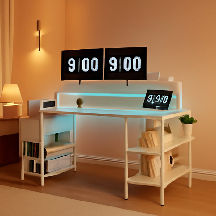 White Desk with Storage Shelves - 47 Inch Home Office Gaming Desk with Monitor Stand, Computer Desk with LED Lights and Power Outlets, White