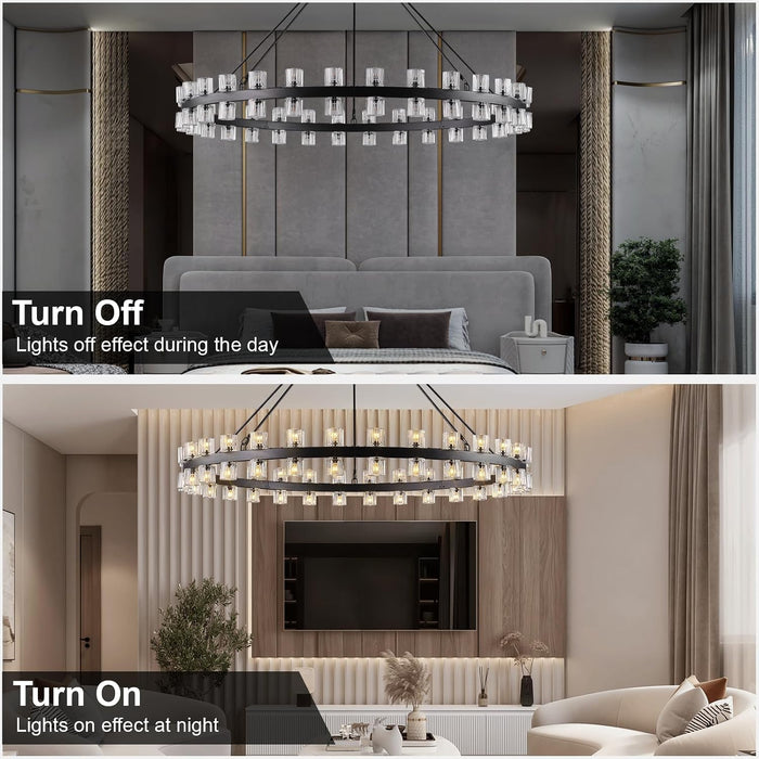 60 Inch Black Wagon Wheel Chandelier with Crystal Shade, 60 Lights, Large round Modern Farmhouse Style, Perfect for High Ceiling, Dining Room, Kitchen, Entryways, Foyer