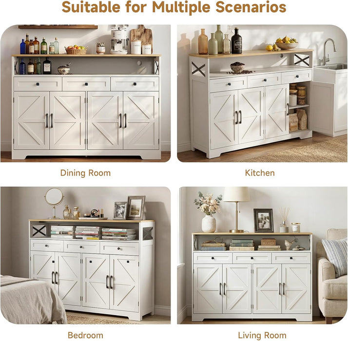 Sideboard Buffet Cabinet with Storage, 55" Kitchen Buffet Cabinet with Charging Station, Farmhouse Coffee Bar Station with Drawers and Doors, Credenza for Kitchen Living Room Entryway, White