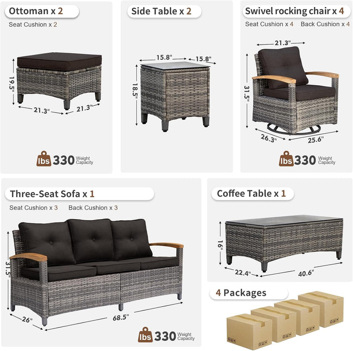 10 Pieces Patio Furniture Sets,Wicker Patio Conversation Sets with 4 Wood Armrests Swivel Glide Chairs, 2 Ottoman, 3-Seat Sofa and Coffee Table (Black)