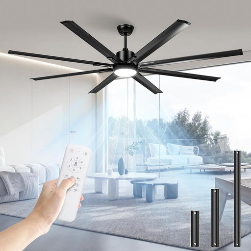 72 Inch Large Black Industrial Ceiling Fans with Lights and Remote,8 Aluminium Blade Modern Indoor/Outdoor Ceiling Fans for Patios Living Room Bedroom Porch,Reversible Quiet DC Motor 6 Speed,3 CCT