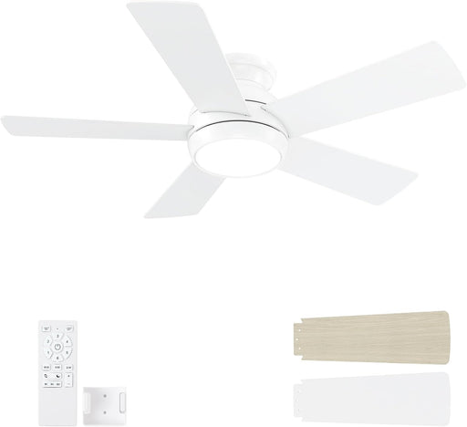 42 Inch White Ceiling Fans with Lights and Remote, LED Low Profile Flush Mount Ceiling Fan for Bedroom, Living Room, Patio, Quiet DC Motor, 5 Blades