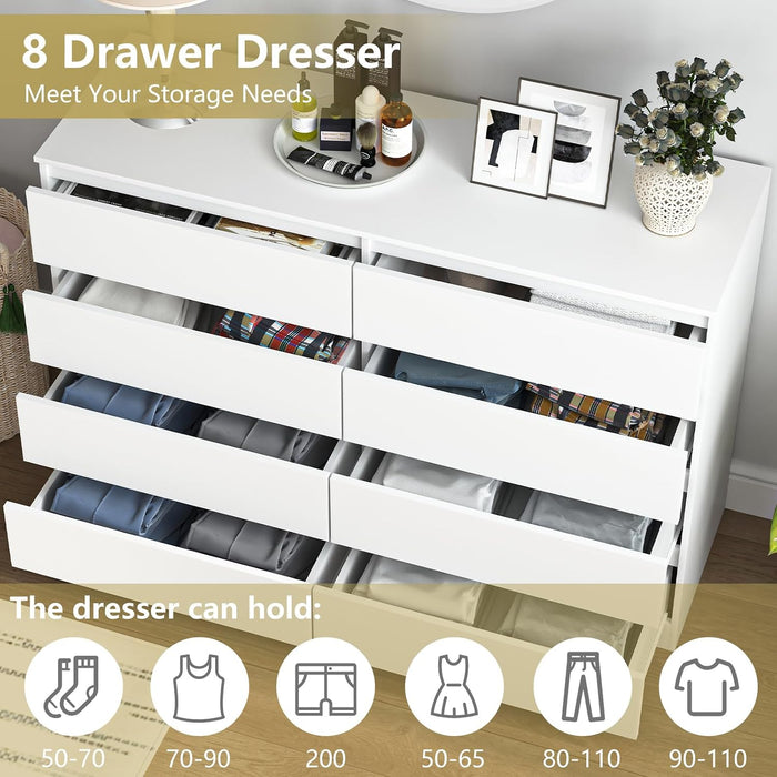 White 8 Drawer Dresser for Bedroom,Modern Deep Drawer Dresser,Wide Storage Chest of Drawer for Closet,Wood Storage Organizer Furniture for Living Room