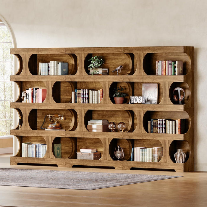 71" Tall Bookcase, 4-Tier S-Shaped Bookshelf, Wood Decorative Storage Shelving, Modern Freestanding Display Shelves, Large Library Book Shelf Unit for Home Office Living Room Bedroom, Brown