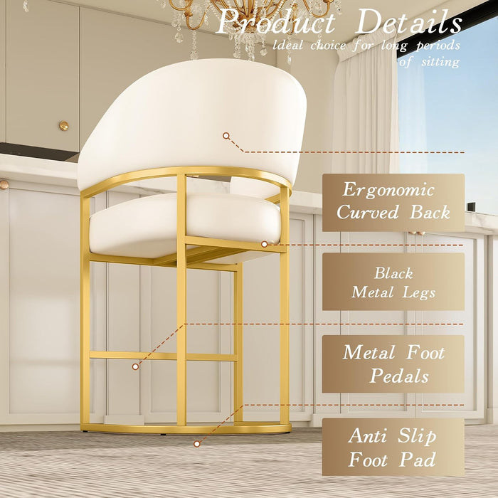 Modern Counter Height Bar Stools,Bar Stools Set of 3,PU Leather Upholstered Barrel Barstools with Backs,26" Kitchen Island Chairs,Metal Gold Frames,Support 480 Lbs,Beige White Leather