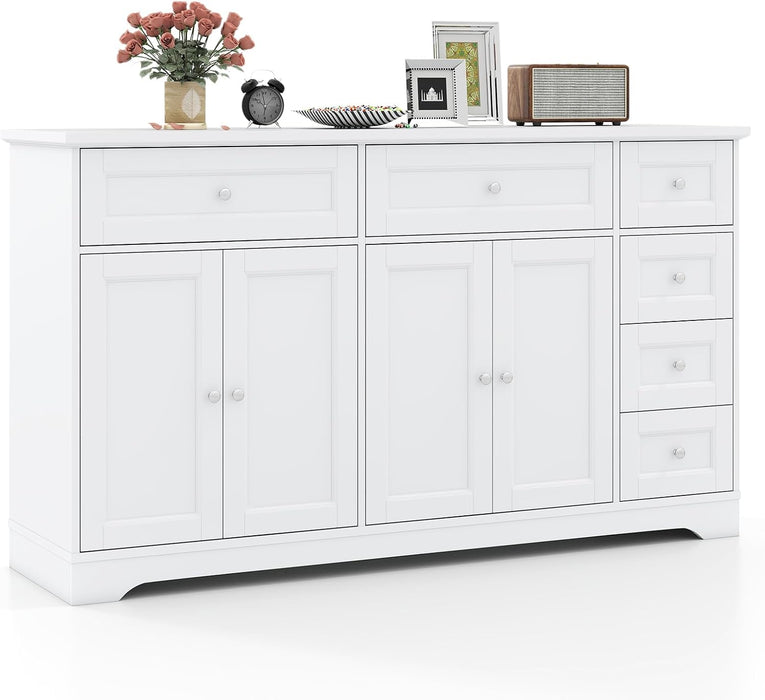 Large Buffet Cabinet with Storage, 59” Kitchen Cabinet with 4 Doors, 6 Drawers & 2 Adjustable Shelves, Modern Sideboard for Living Room, Coffee Bar, White