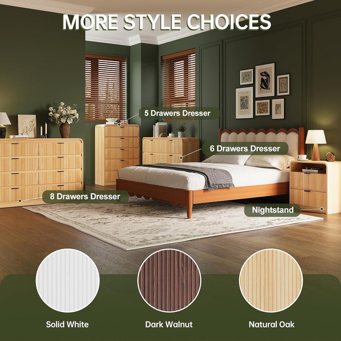 Fluted 5 Drawers Dresser for Bedroom, 48" Tall Wooden Modern Dresser with Metal Handle, Curved Profile Design, Storage Organizer for Bedroom, Hallway (Natural Oak)