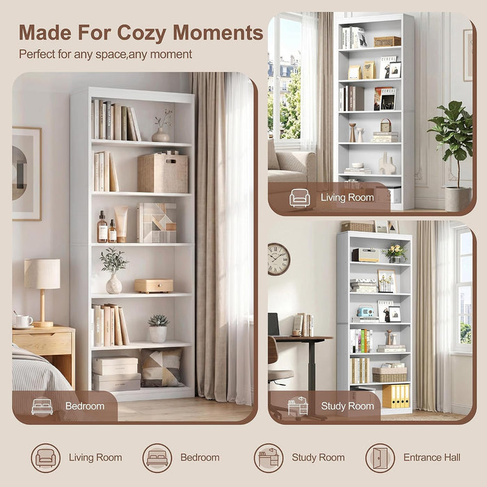 6-Tier Open Bookshelf, Modern Wood Bookcase, White | 71" Tall Floor Standing Bookcase, Wood Display Storage Shelf for Home Office Living Room