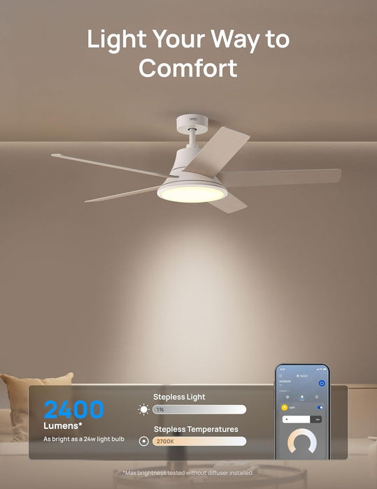 DREO Smart Ceiling Fan with Lights, 52 Inch, 12 Speeds & 3 Fan Modes, RGBIC Light for Living Room, Dimmable, 22Db Quiet DC Motor, Remote/App/Alexa Control, White Ceiling Fans Indoor, 2026 Upgraded
