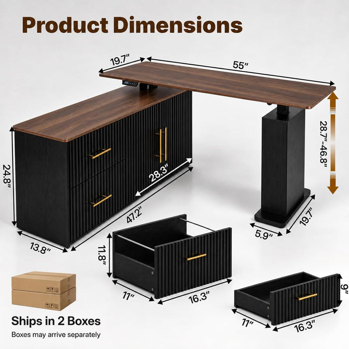 55" L-Shaped Electric Standing Desk with Drawers and Storage Cabinet, Height Adjustable Corner Desk for Home Office, 3 Memory Presets