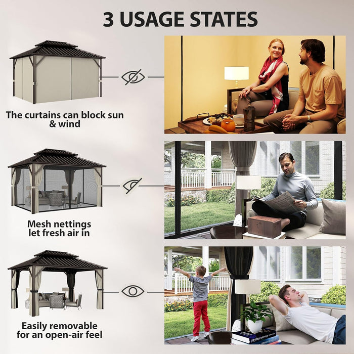 10' X 14' Hardtop Gazebo with UPF50+ Double Galvanized Steel Roof Canopy, Aluminum Frame Permanent Outdoor Gazebo with Curtains and Netting, Ceiling Hooks, Brown