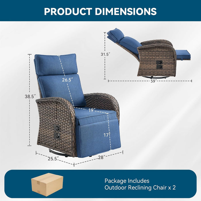 Zero Gravity Patio Swivel Recliner Chairs Set of 2 - Wicker Outdoor Lounge Chair with Adjustable Backrest & Footrest, All Weather Reclining Rocker Chairs with Thick Cushion for Pool Deck Blue