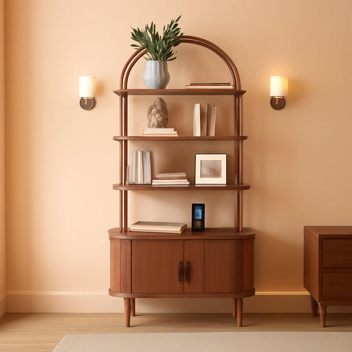 71" Mid Century Modern Arched Bookshelf with Cabinet, Walnut | 4-Tier Tall Bookcase with Sliding Tambour Doors, Freestanding Storage Organizer Book Shelf for Living Room, Home Office